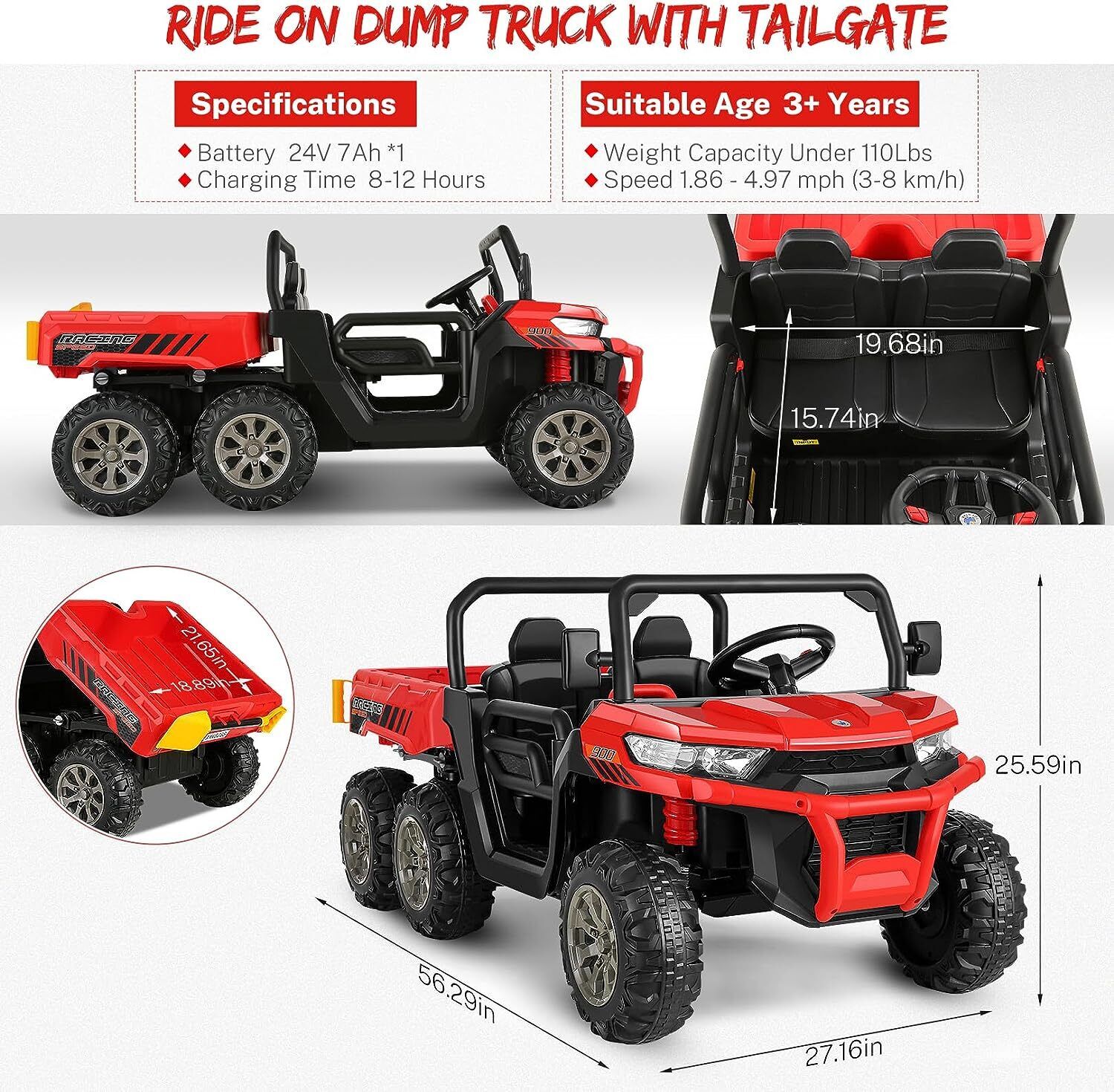 Electric 2 Seater Dump Truck Ride-On Car with Remote Control and Working Dump Bed and Shovel