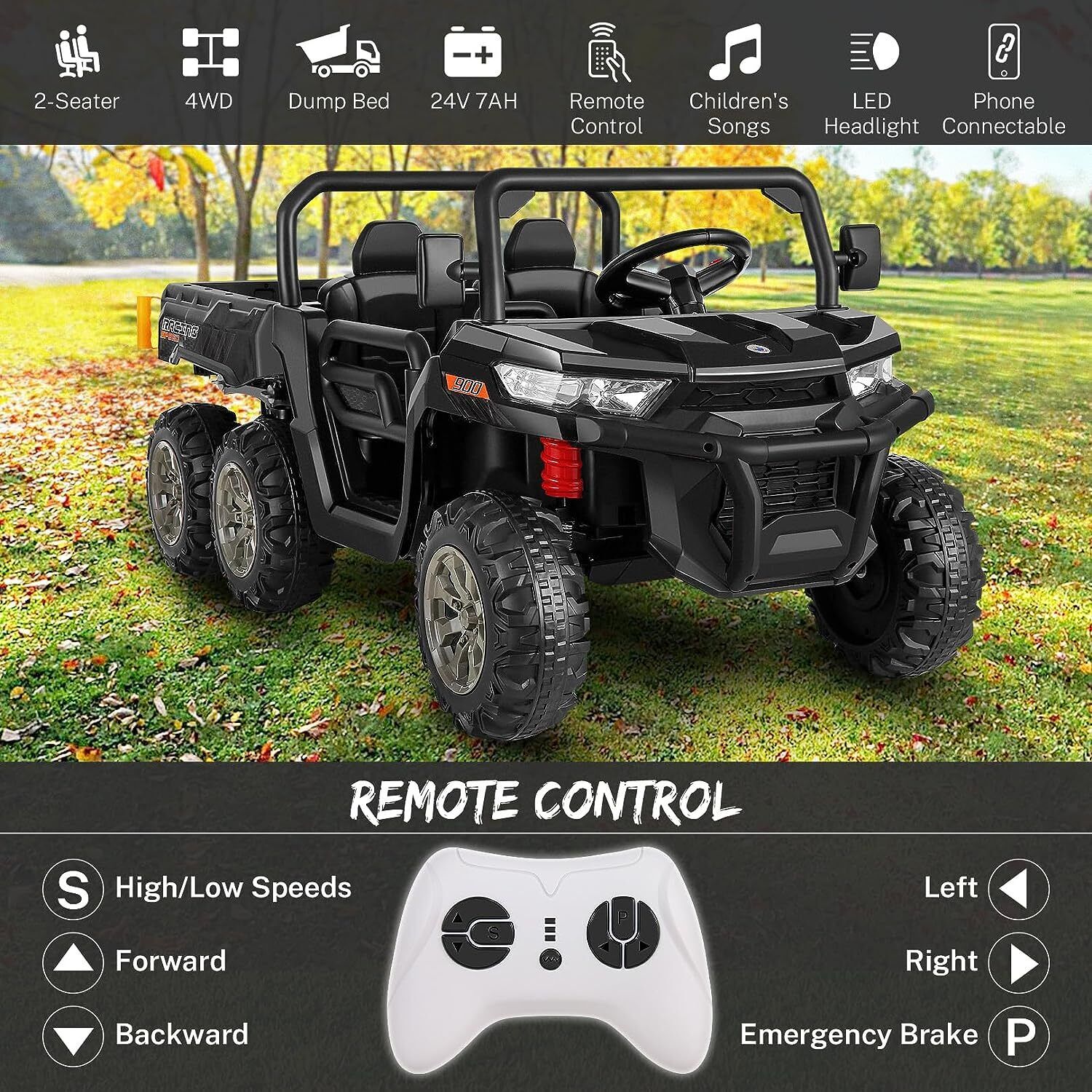 Electric 2 Seater Dump Truck Ride-On Car with Remote Control and Working Dump Bed and Shovel