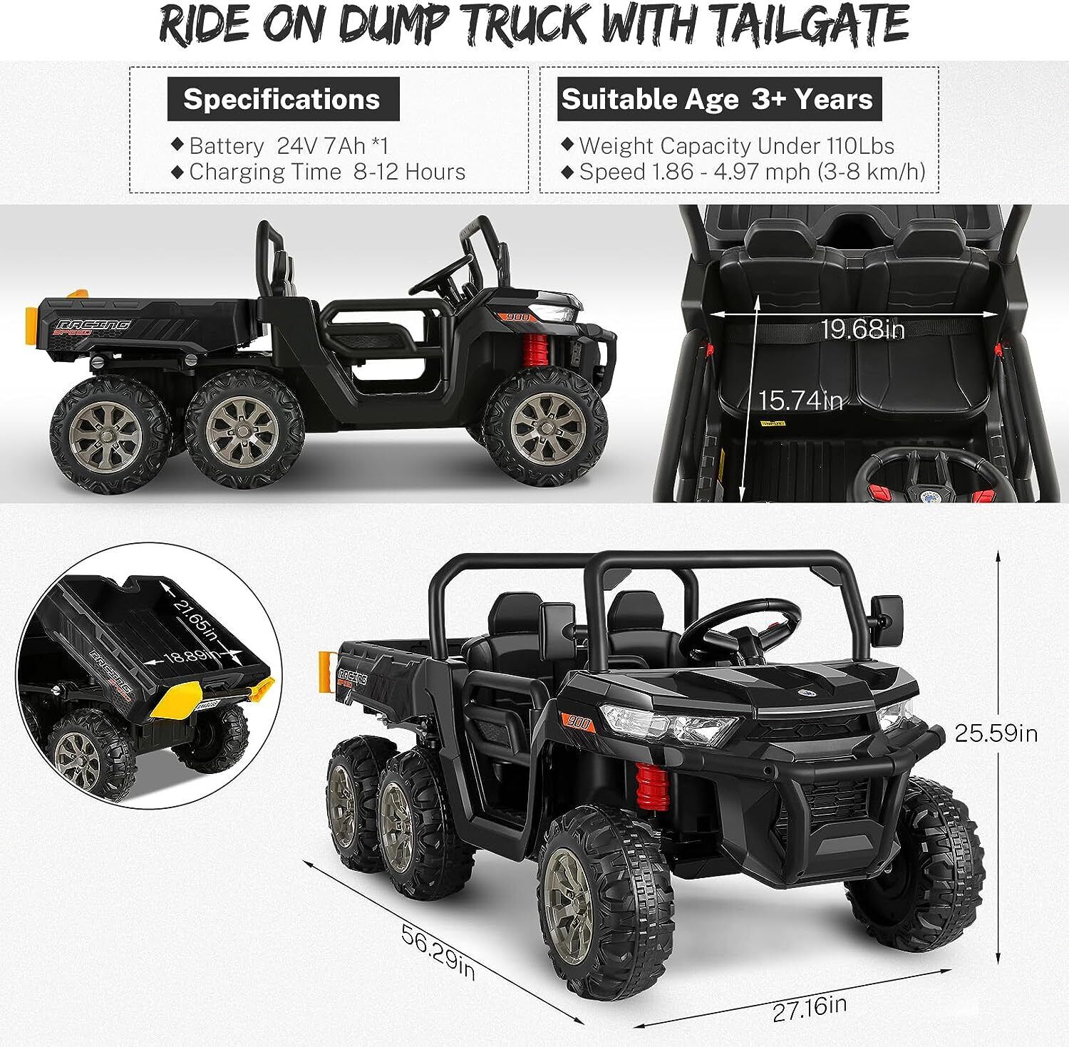 Electric 2 Seater Dump Truck Ride-On Car with Remote Control and Working Dump Bed and Shovel