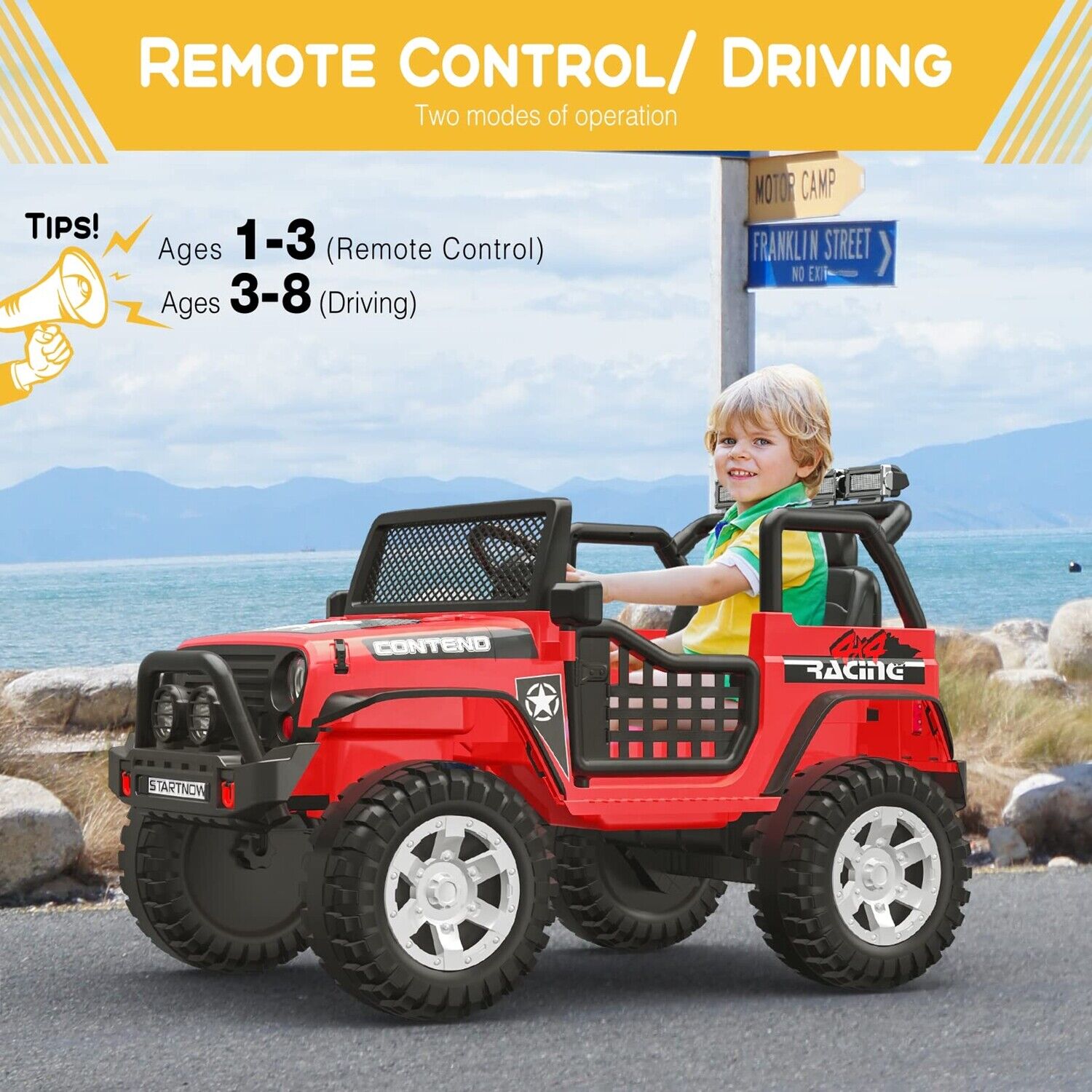 2-Seater Kids Ride-On Truck with Remote Control, LED Lights, Music, and Double Doors
