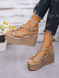 Handmade Beaded Middle Platform Heel Wedges Open Toe