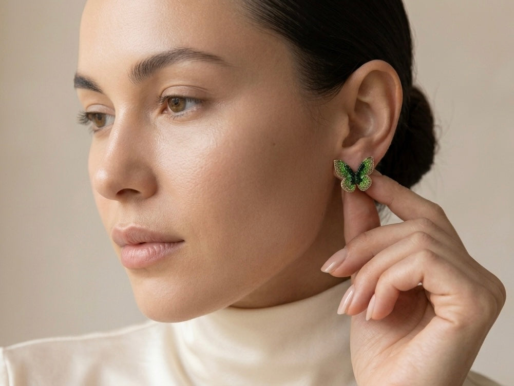 Aura Emerald Butterfly Zircon Studs – Gold Plated