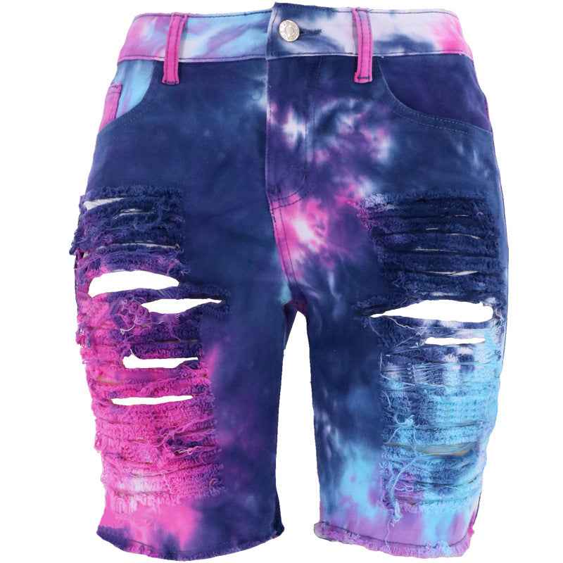 Waist Tie-Dyed Ripped Denim Bottoms