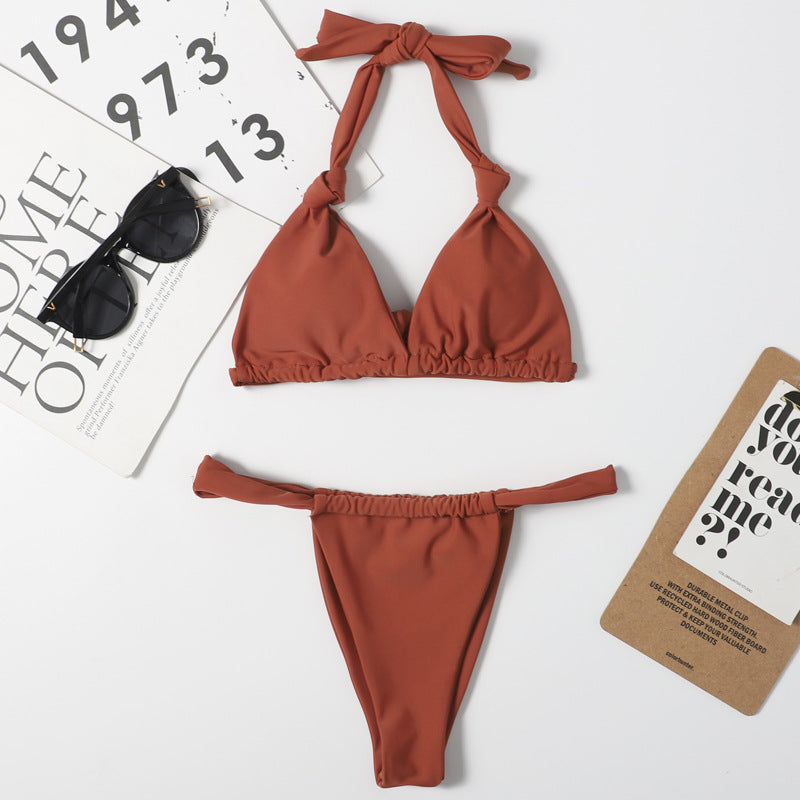 Bikini Split Swimsuit Women Solid Color Sexy Swimsuit Triangle Halter Spaghetti Straps Nylon Swimsuit