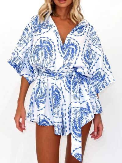 MUNSIEUR Printed Tie-Waist Romper - Luxury Half Sleeve Jumpsuit for Women