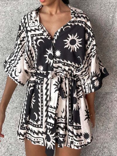 MUNSIEUR Printed Tie-Waist Romper - Luxury Half Sleeve Jumpsuit for Women