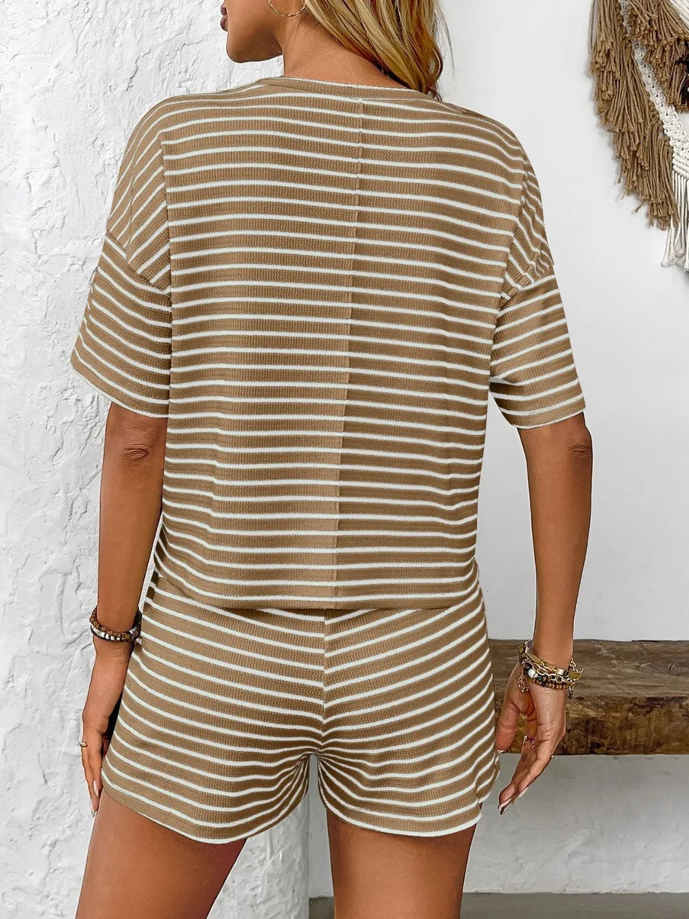 Women's Striped Round Neck Top and Bottoms Set