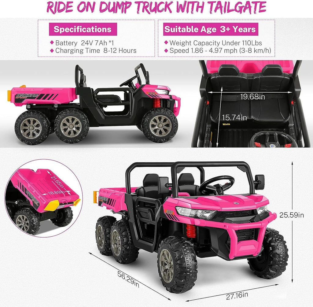 2 Seater 24V Electric Ride-On Car with Dump Bed and 4WD Tractor Trailer
