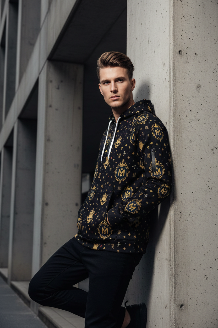 Men's Half-Zip Fleece Hoodie - All-Over Print with Arm Pockets