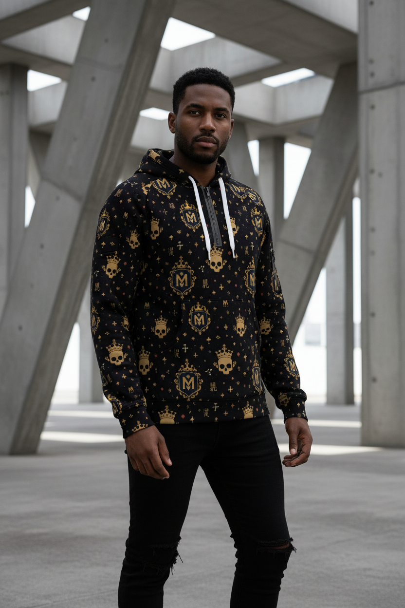Men's Half-Zip Fleece Hoodie - All-Over Print with Arm Pockets