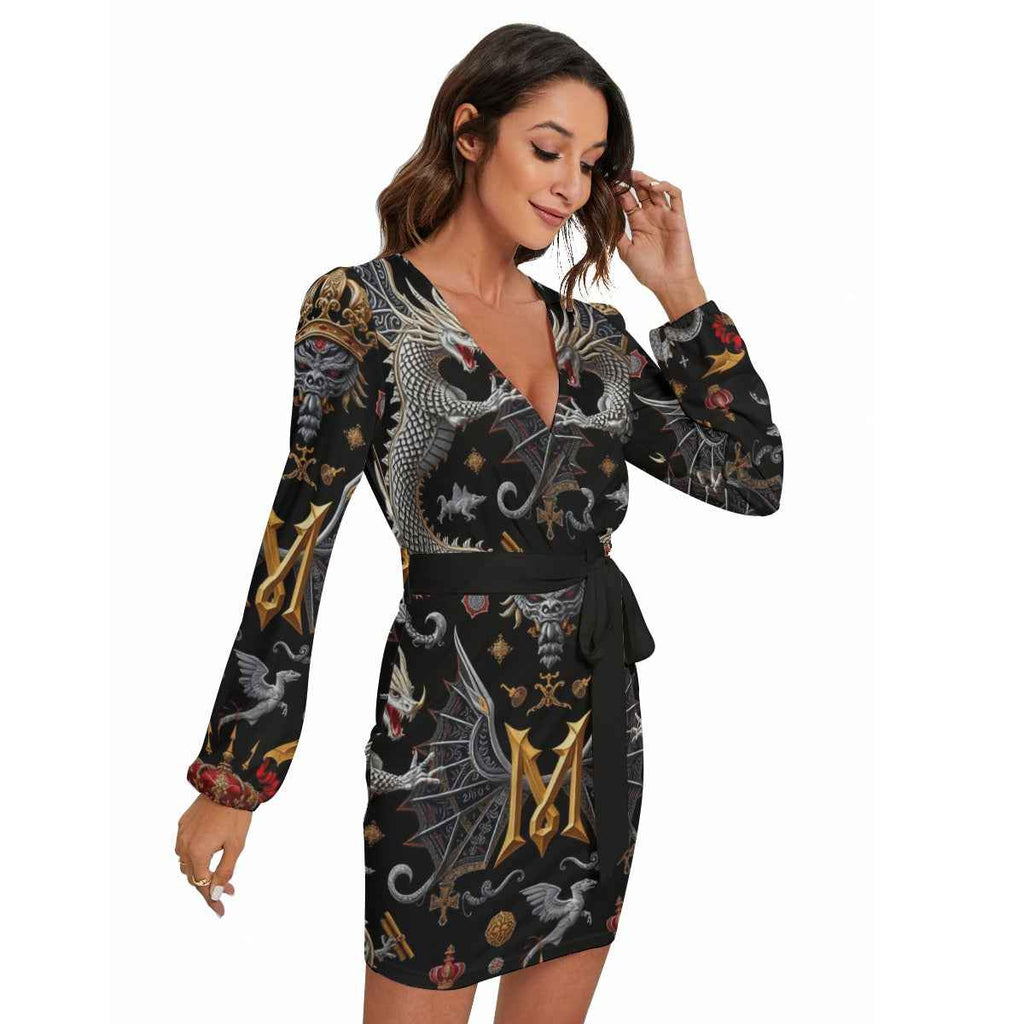 MUNSIEUR All-Over Print Women's Long Sleeve Dress With Waist Belt