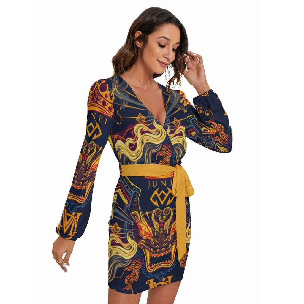 MUNSIEUR All-Over Print Women's Long Sleeve Dress With Waist Belt