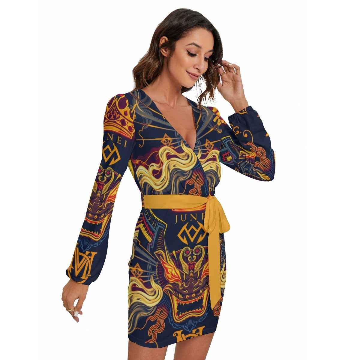 MUNSIEUR All-Over Print Women's Long Sleeve Dress With Waist Belt