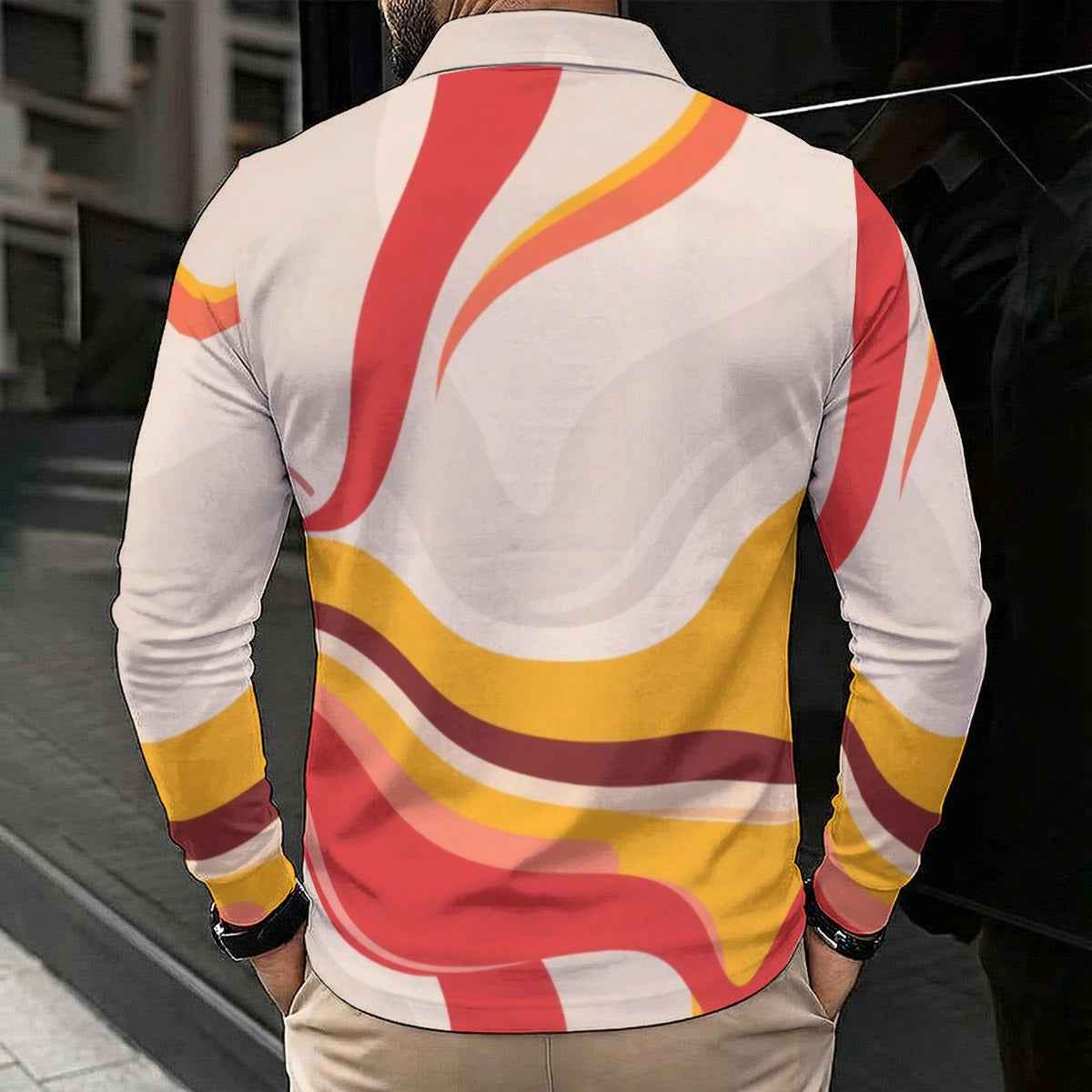 MUNSIEUR All-Over Print Men's Polo Long Sleeve Tee New Arrivals