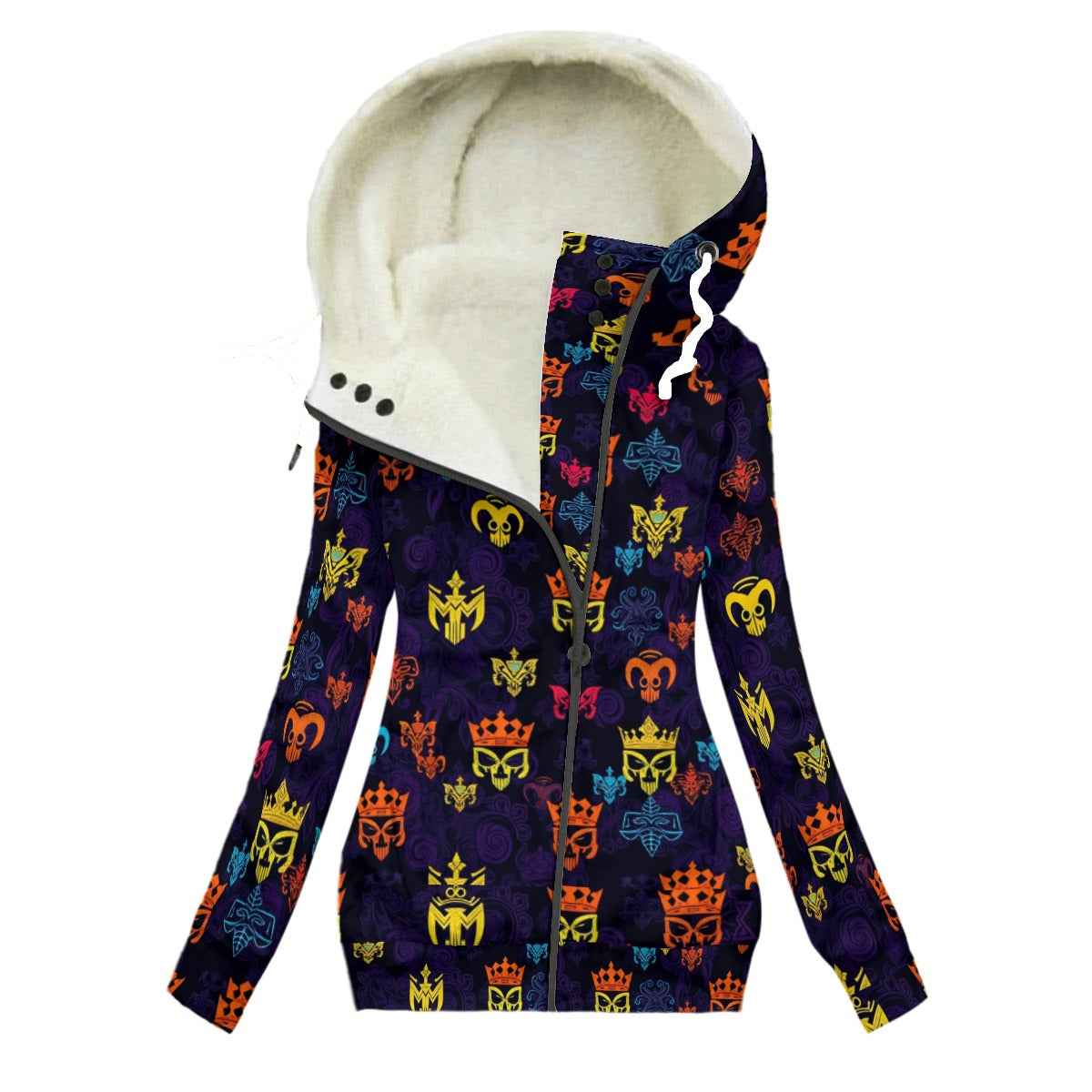 MUNSIEUR All-Over Print Women's Long Jacket With Fleece Lining — Blue