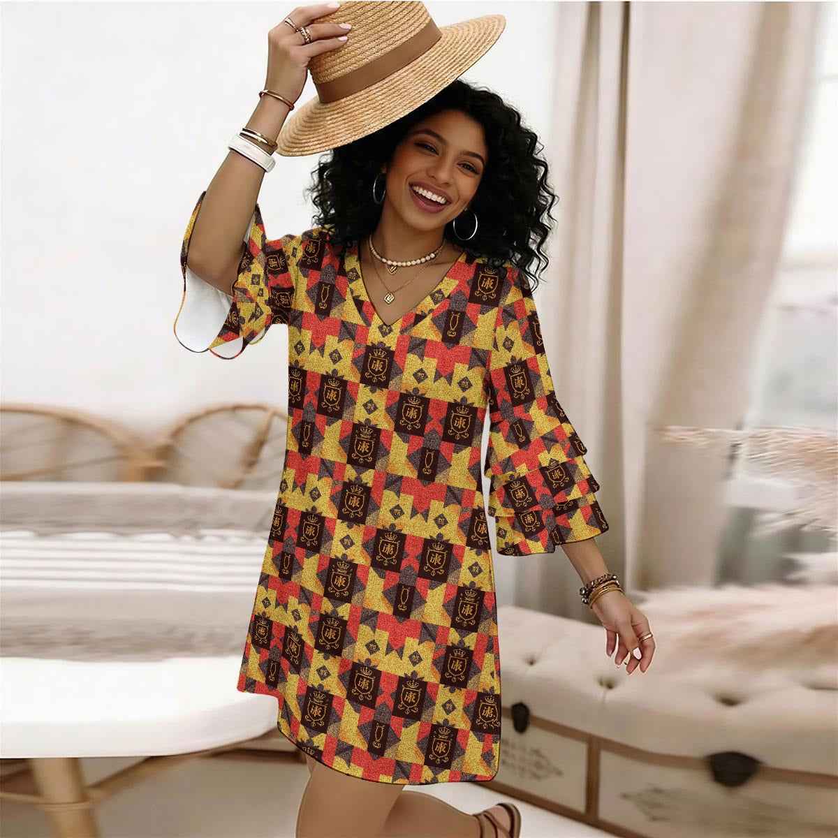 All-Over Print Women's Stacked Ruffle Sleeve Dress