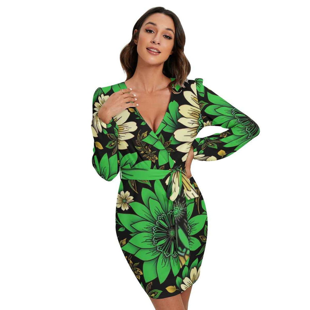 MUNSIEUR All-Over Print Women's Long Sleeve Dress With Waist Belt