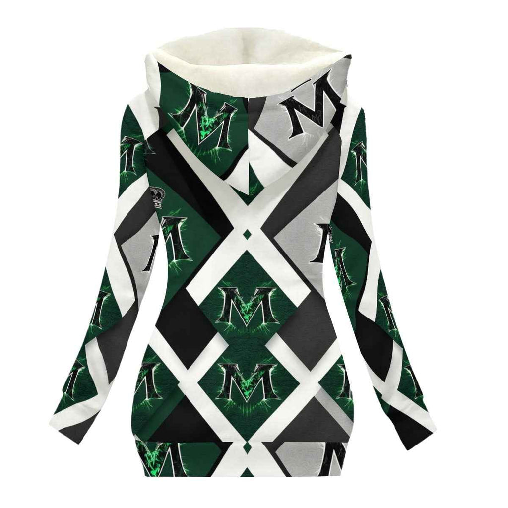 MUNSIEUR All-Over Print Women's Long Jacket With Fleece Lining — Green