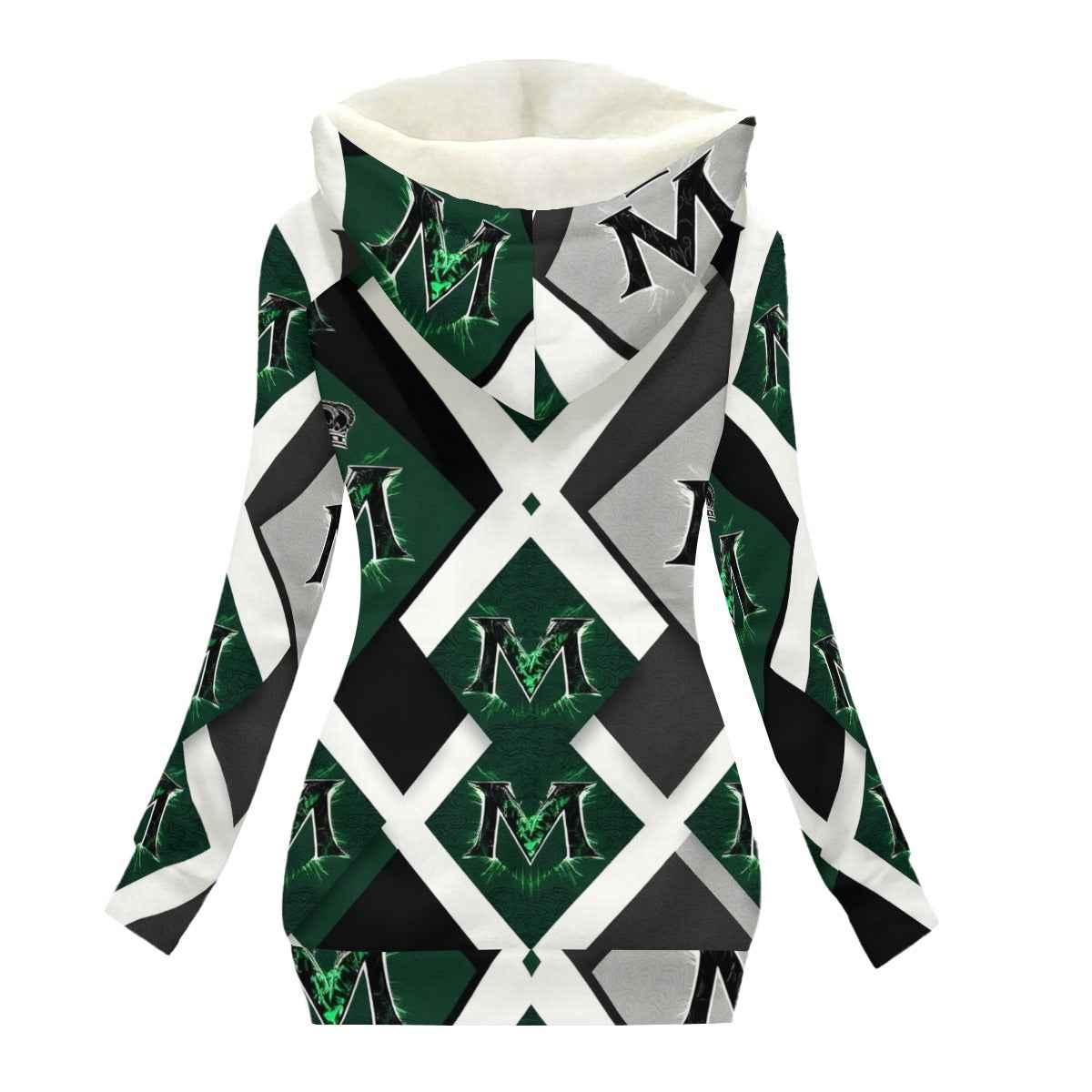 MUNSIEUR All-Over Print Women's Long Jacket With Fleece Lining — Green
