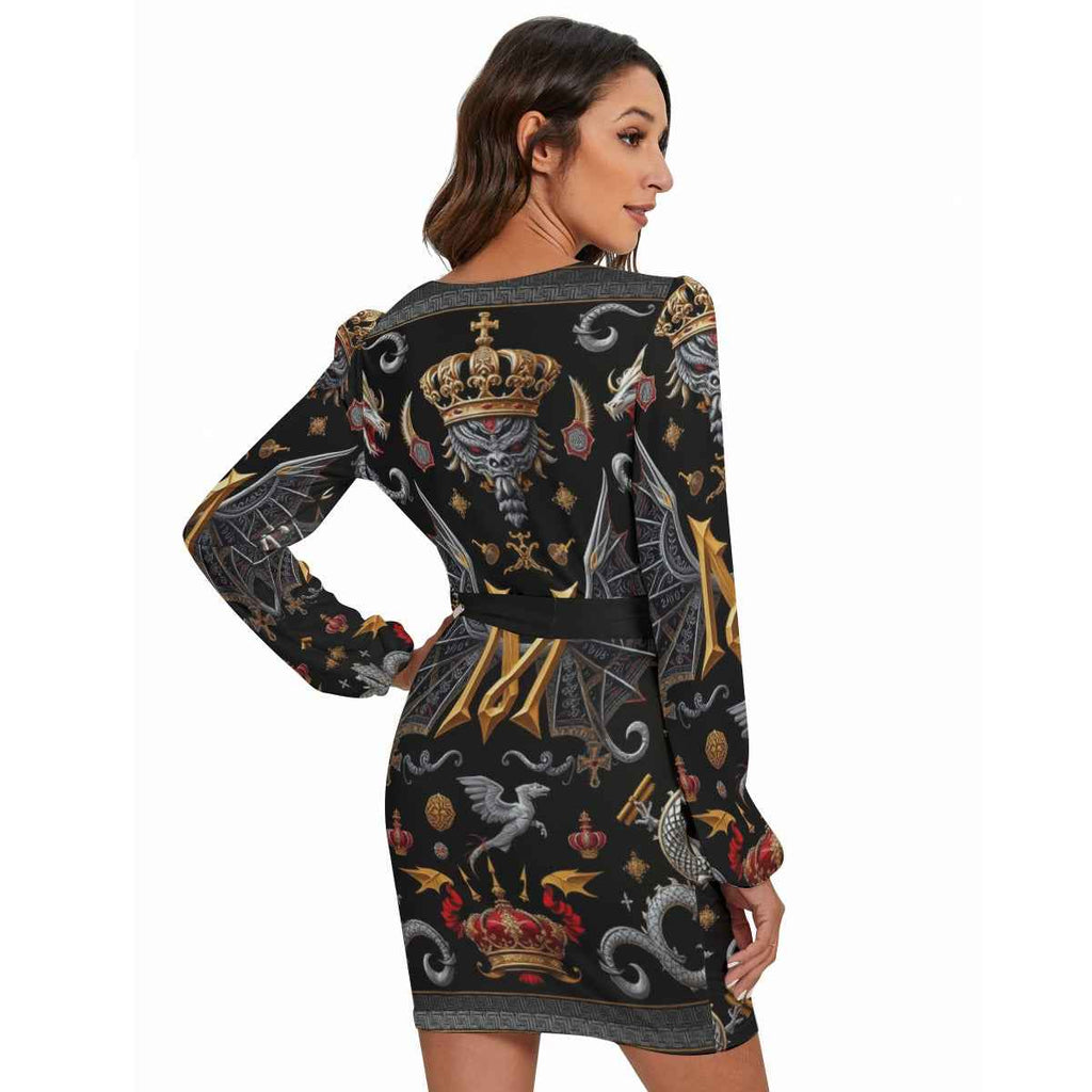 MUNSIEUR All-Over Print Women's Long Sleeve Dress With Waist Belt