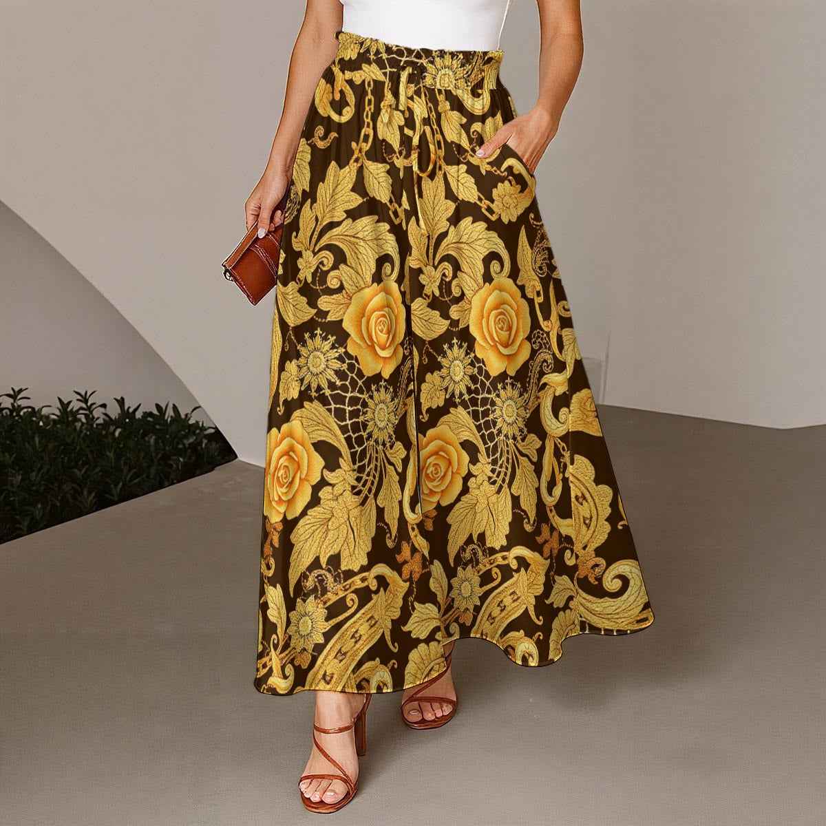 MUNSIEUR All-Over Print Women's Ruffled Wide-Leg Jeans