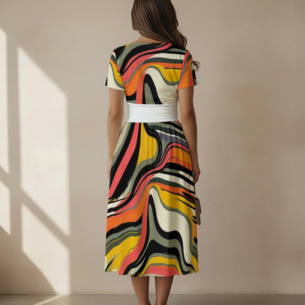 MUNSIEUR All-over Print Women's Short Sleeve V Neck Midi Dress