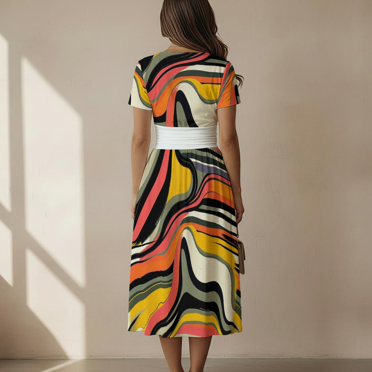 MUNSIEUR All-over Print Women's Short Sleeve V Neck Midi Dress
