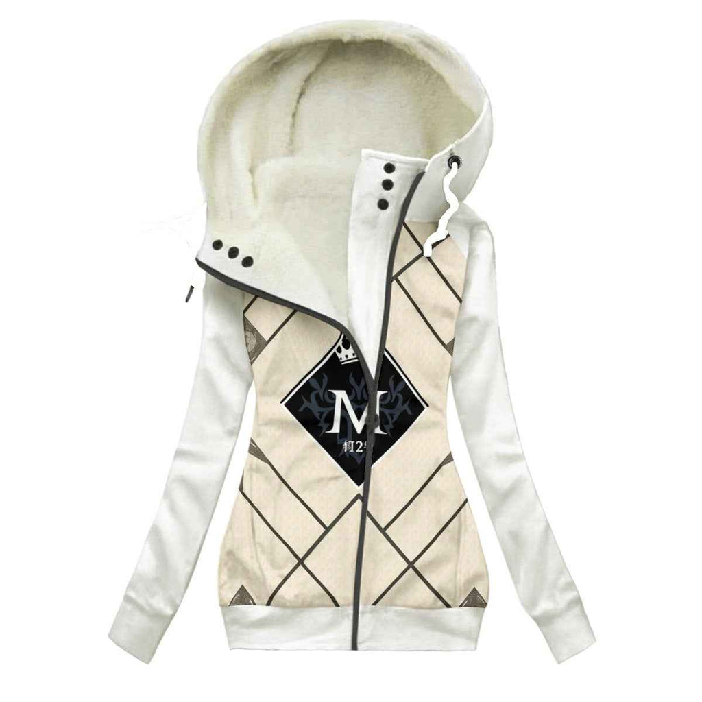 MUNSIEUR All-Over Print Women's Long Jacket With Fleece Lining — White IV