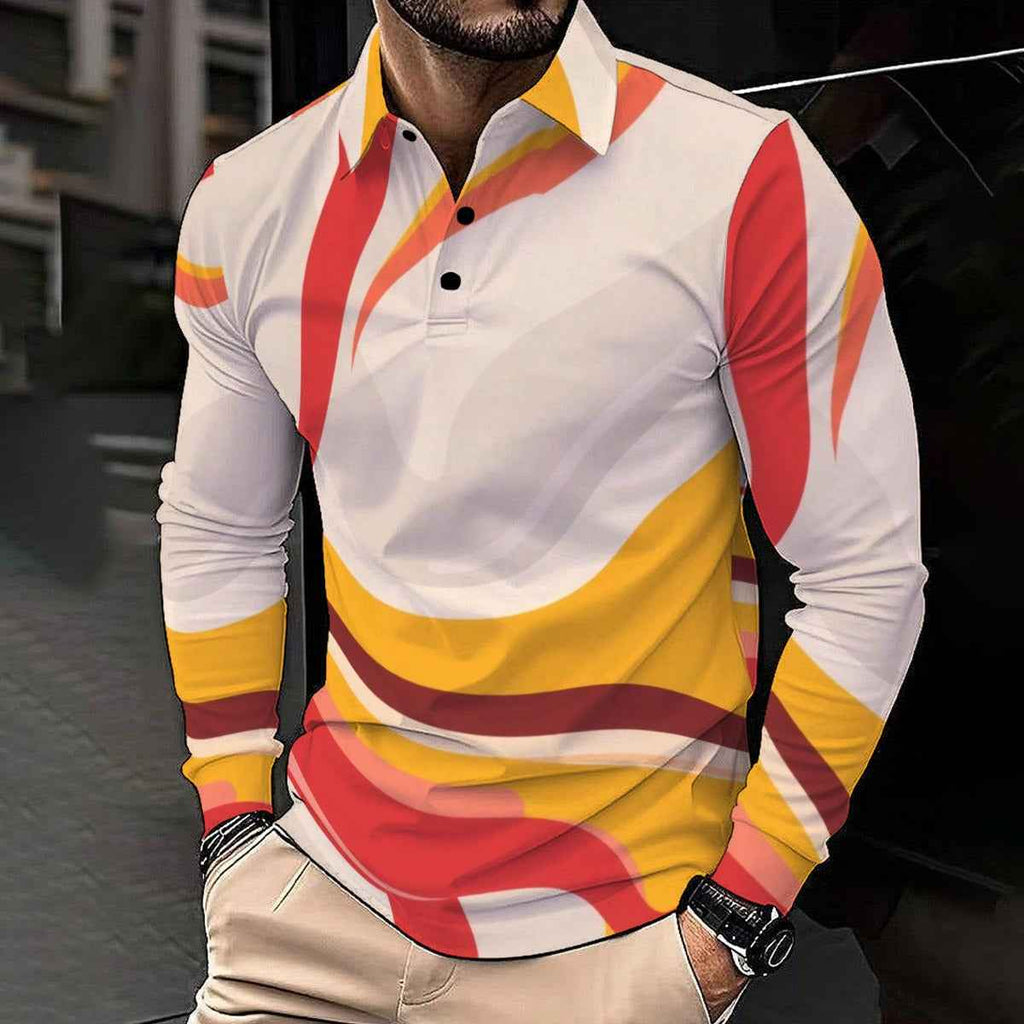 MUNSIEUR All-Over Print Men's Polo Long Sleeve Tee New Arrivals
