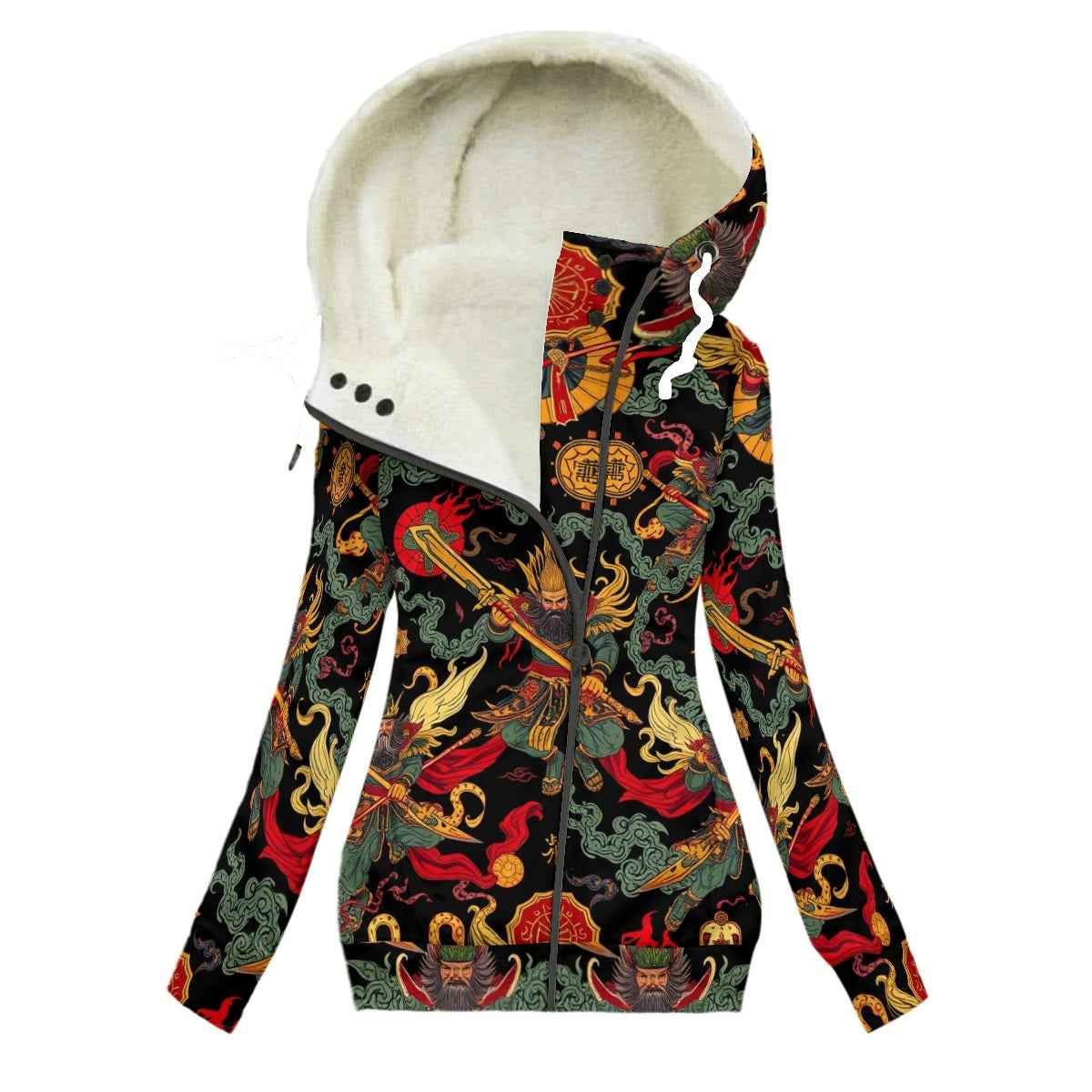 MUNSIEUR All-Over Print Women's Long Jacket With Fleece Lining — White