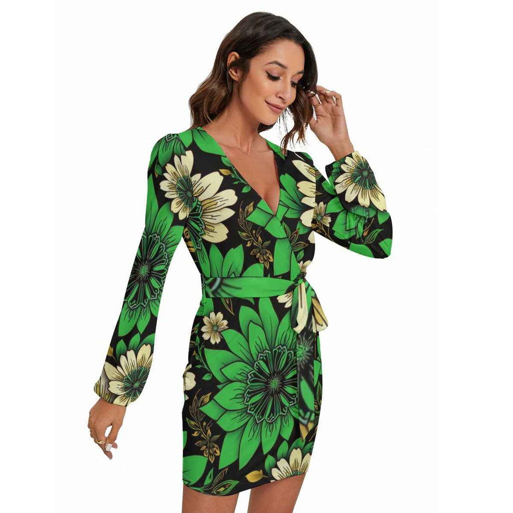 MUNSIEUR All-Over Print Women's Long Sleeve Dress With Waist Belt