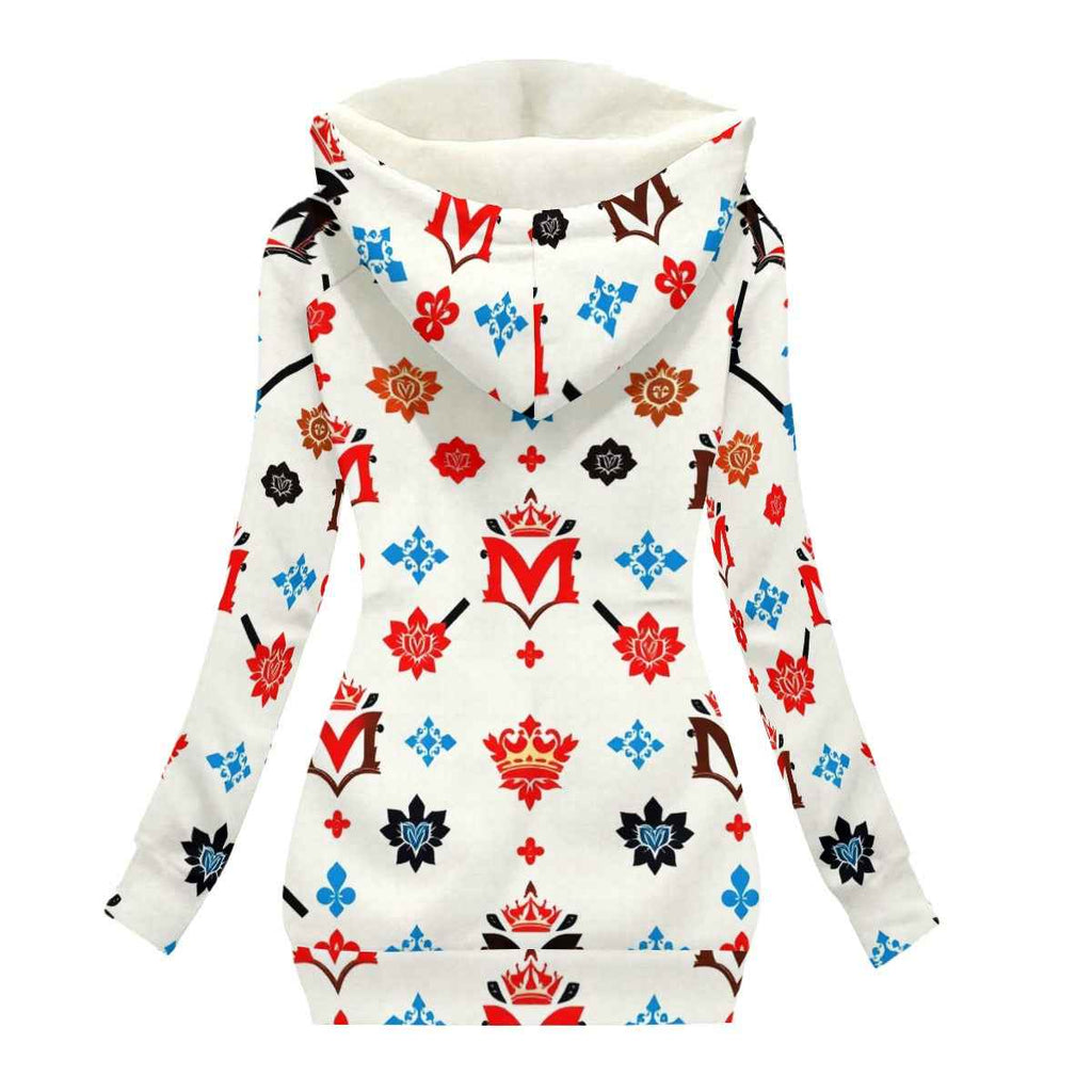 MUNSIEUR All-Over Print Women's Long Jacket With Fleece Lining — White III