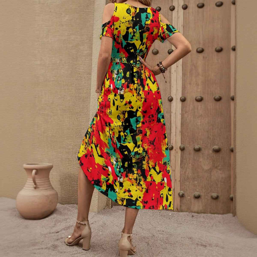 MUNSIEUR All-Over Print Women's V-neck Off-shoulder Dress