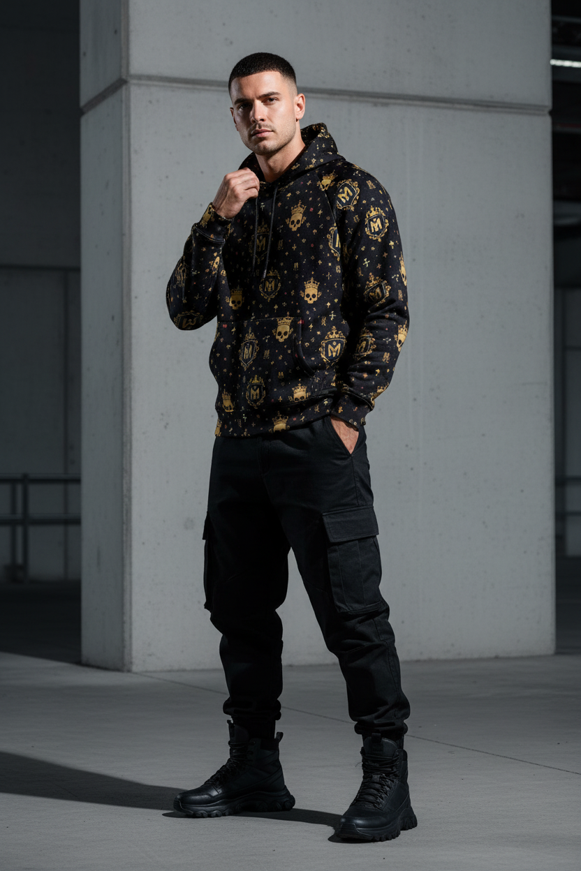 Men's Half-Zip Fleece Hoodie - All-Over Print with Arm Pockets