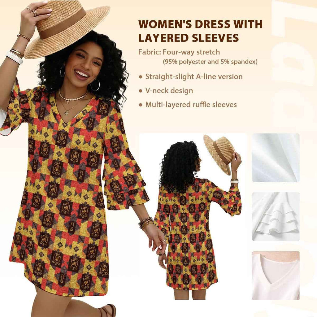 All-Over Print Women's Stacked Ruffle Sleeve Dress