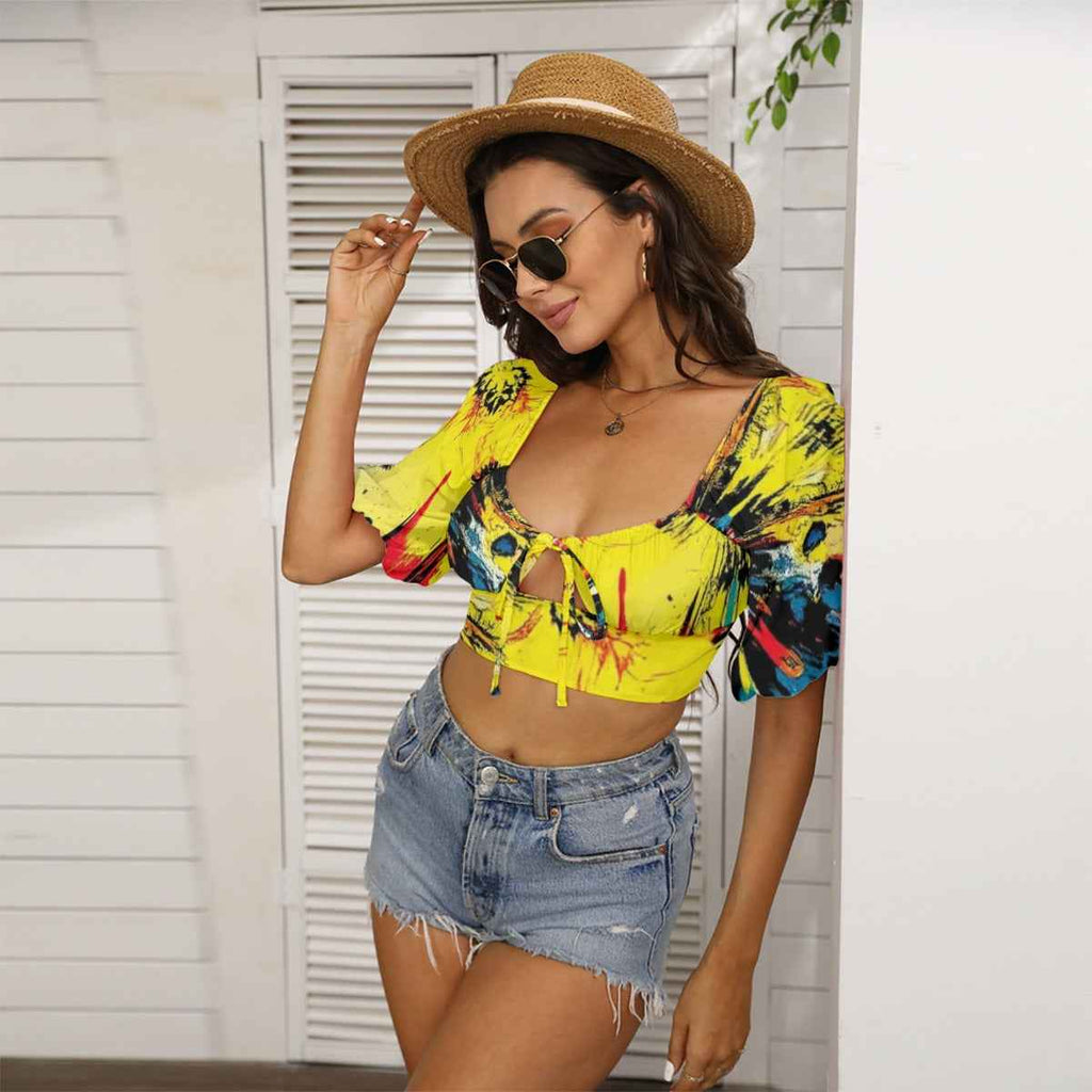 MUNSIEUR All-Over Print Women's Square Collar Cropped Top With Puff Sleeve T-Shirt