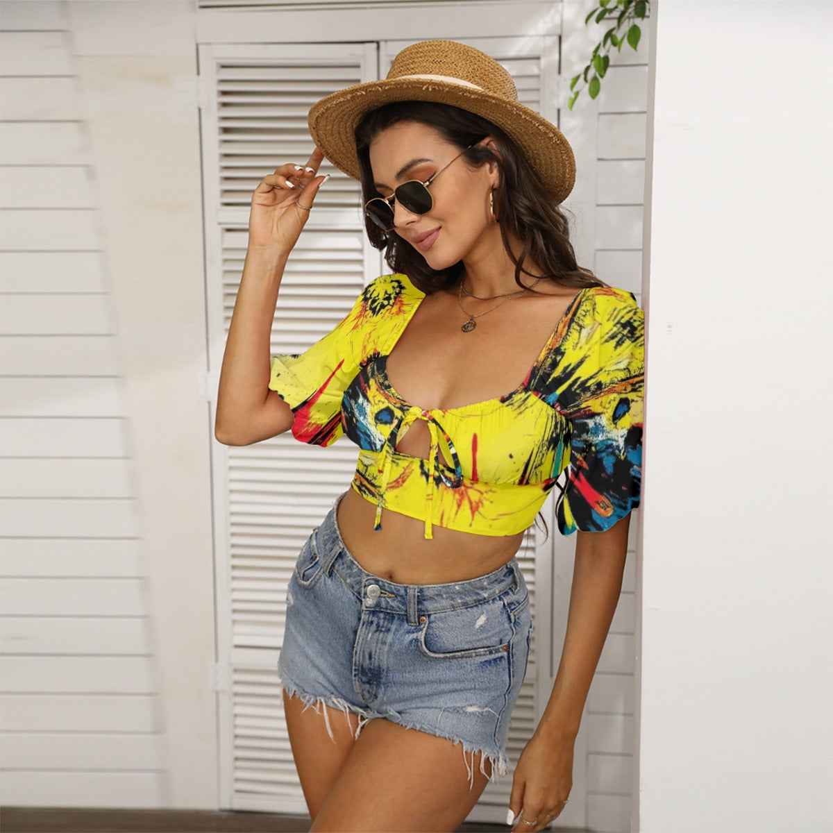 MUNSIEUR All-Over Print Women's Square Collar Cropped Top With Puff Sleeve T-Shirt