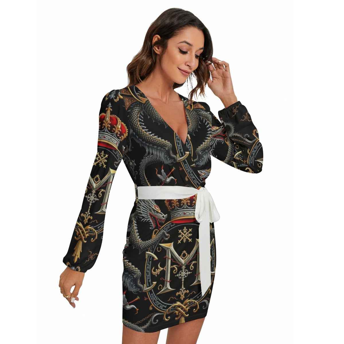 MUNSIEUR All-Over Print Women's Long Sleeve Dress With Waist Belt