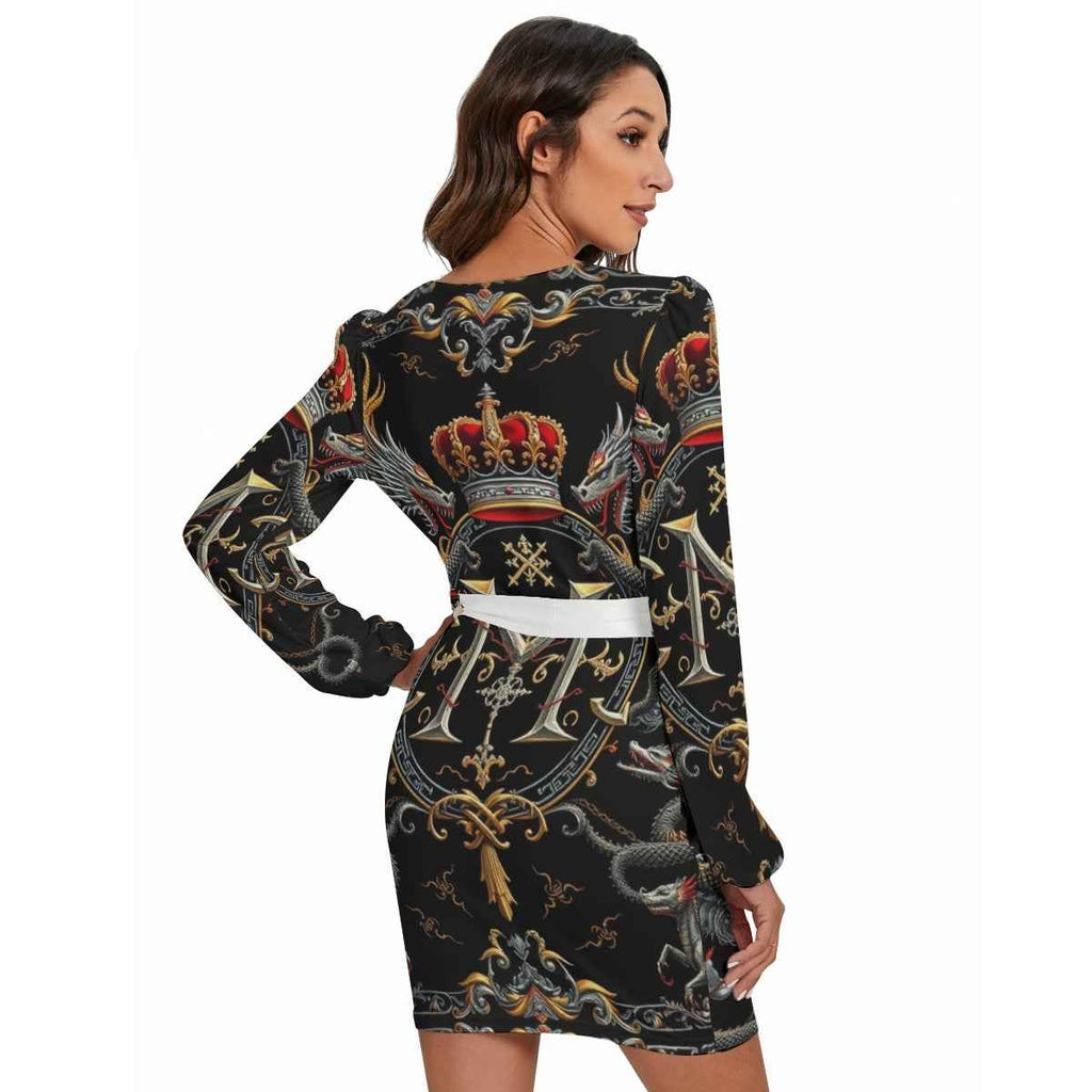 MUNSIEUR All-Over Print Women's Long Sleeve Dress With Waist Belt