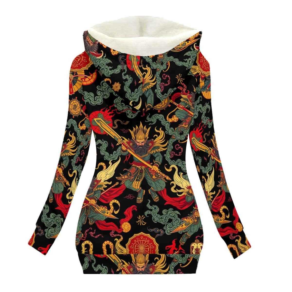 MUNSIEUR All-Over Print Women's Long Jacket With Fleece Lining — White