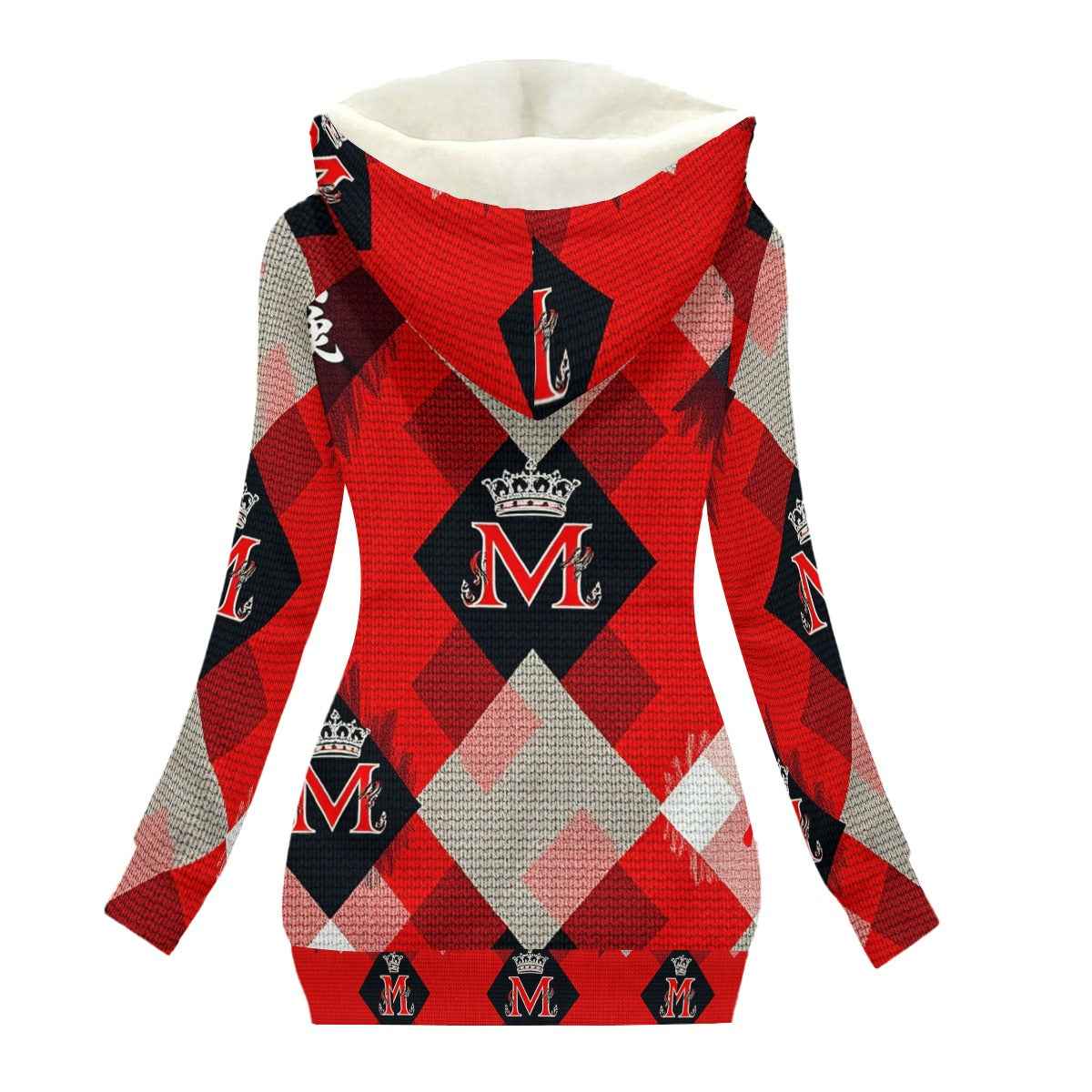 MUNSIEUR All-Over Print Women's Long Jacket With Fleece Lining — Red