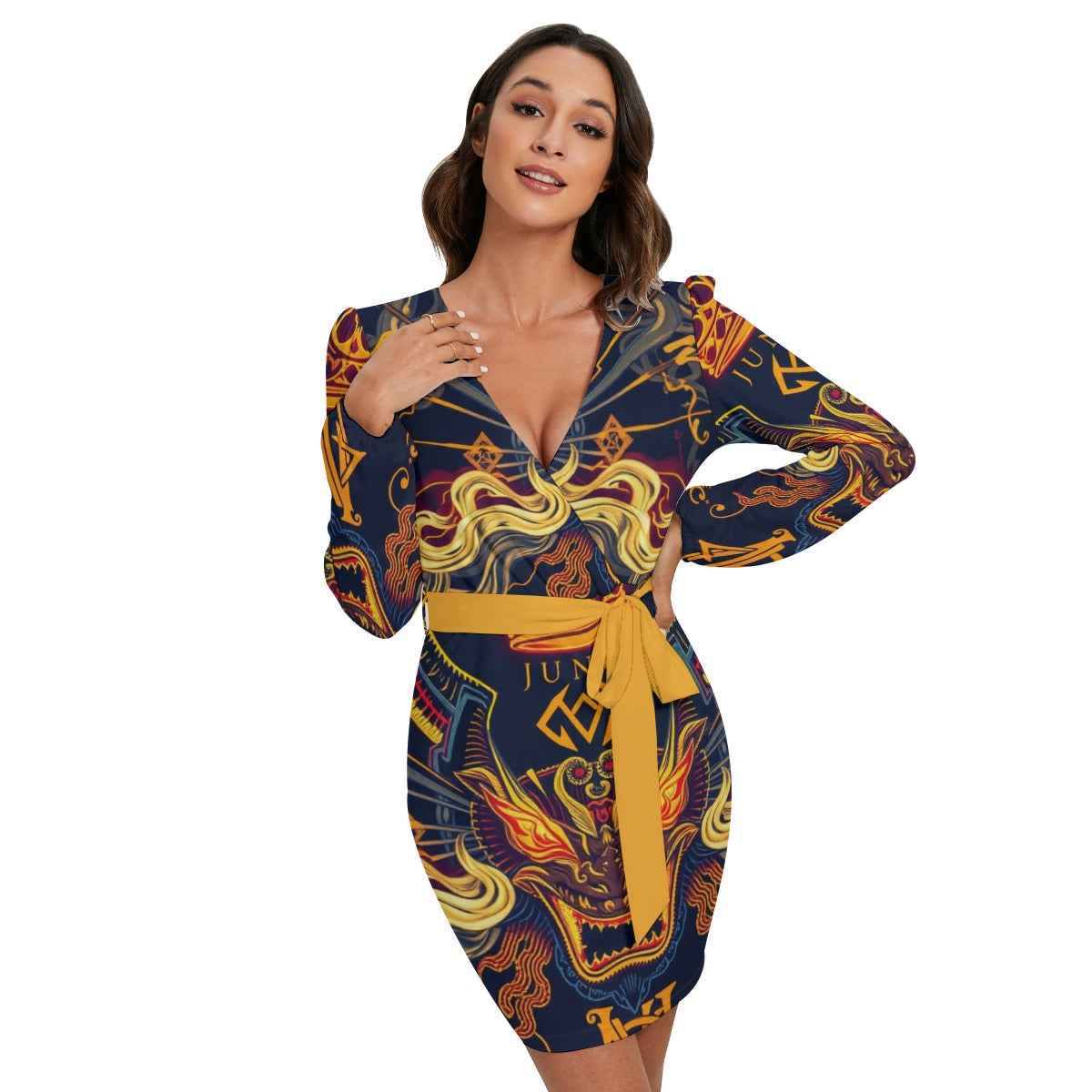 MUNSIEUR All-Over Print Women's Long Sleeve Dress With Waist Belt