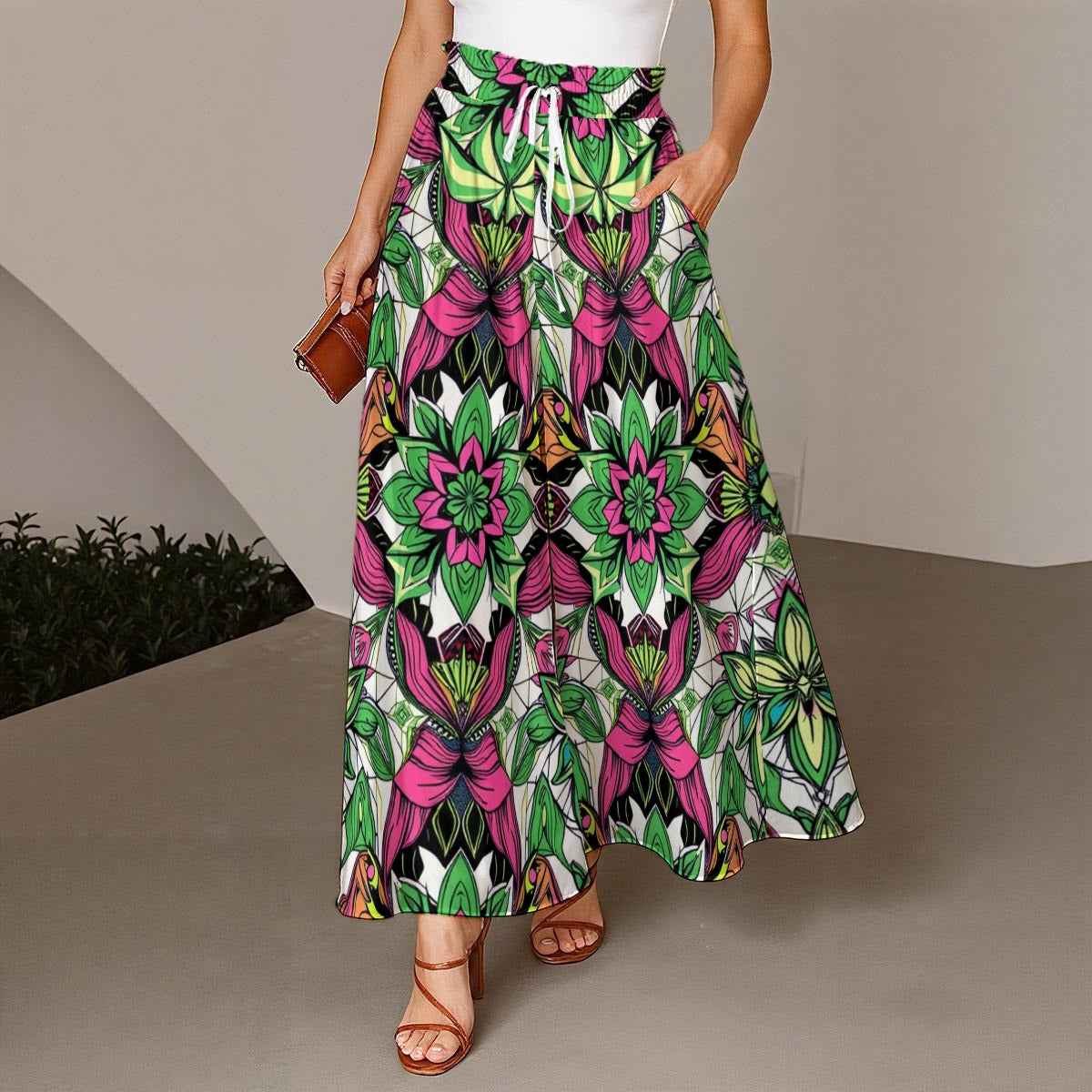 MUNSIEUR All-Over Print Women's Ruffled Wide-Leg Jeans