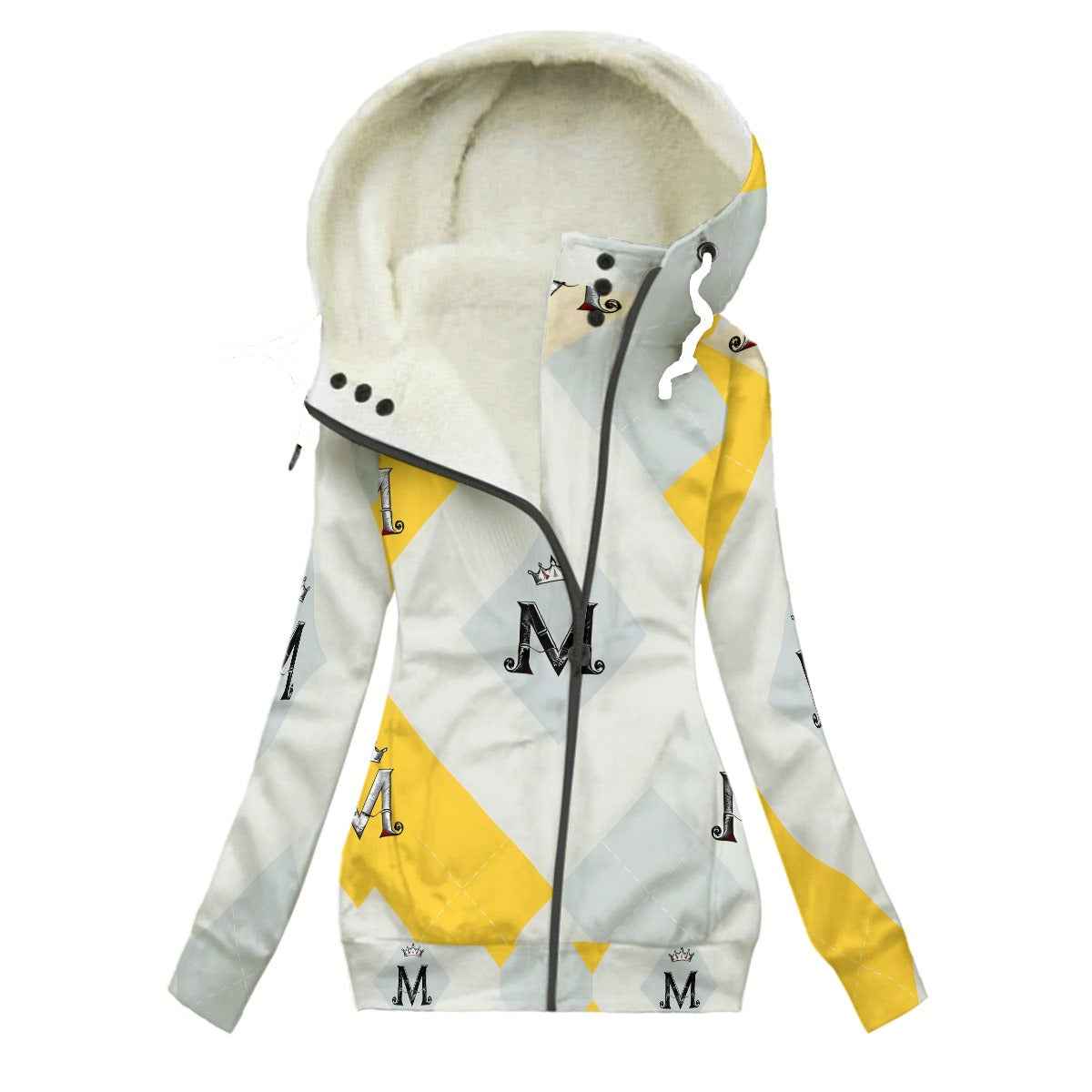 MUNSIEUR All-Over Print Women's Long Jacket With Fleece Lining — White V