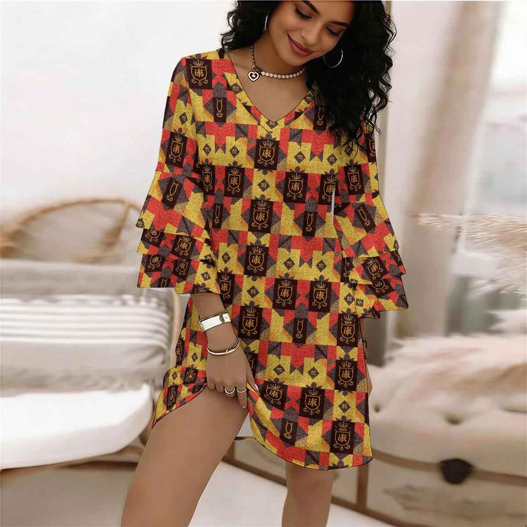All-Over Print Women's Stacked Ruffle Sleeve Dress