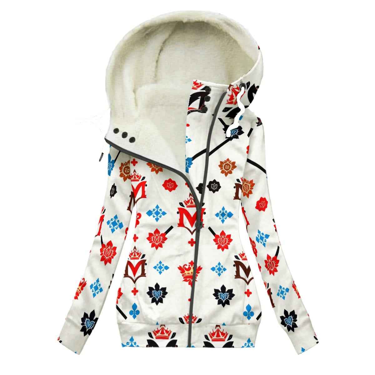 MUNSIEUR All-Over Print Women's Long Jacket With Fleece Lining — White III
