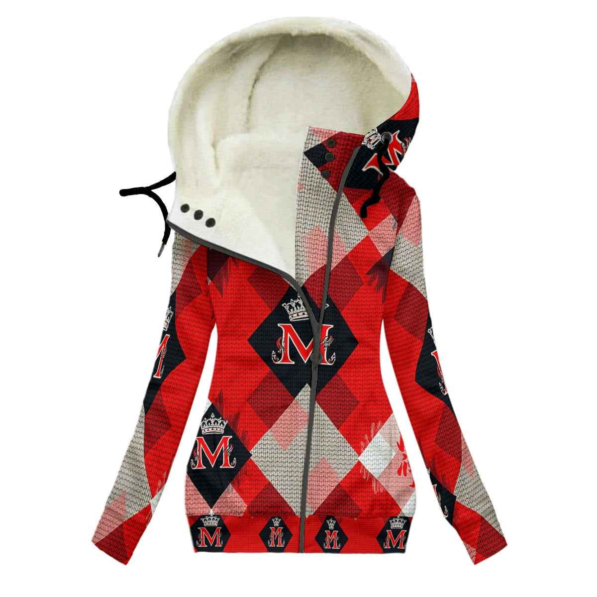 MUNSIEUR All-Over Print Women's Long Jacket With Fleece Lining — Red