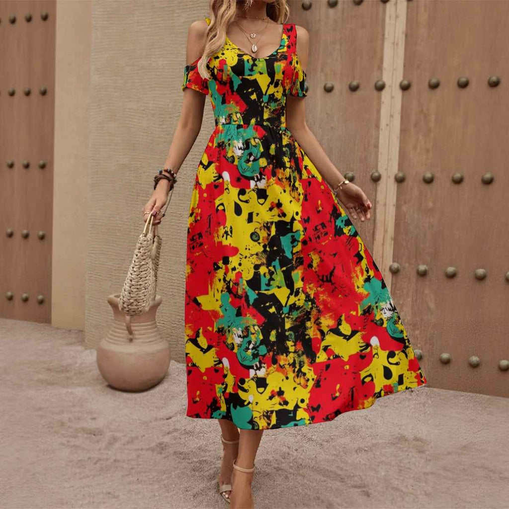MUNSIEUR All-Over Print Women's V-neck Off-shoulder Dress