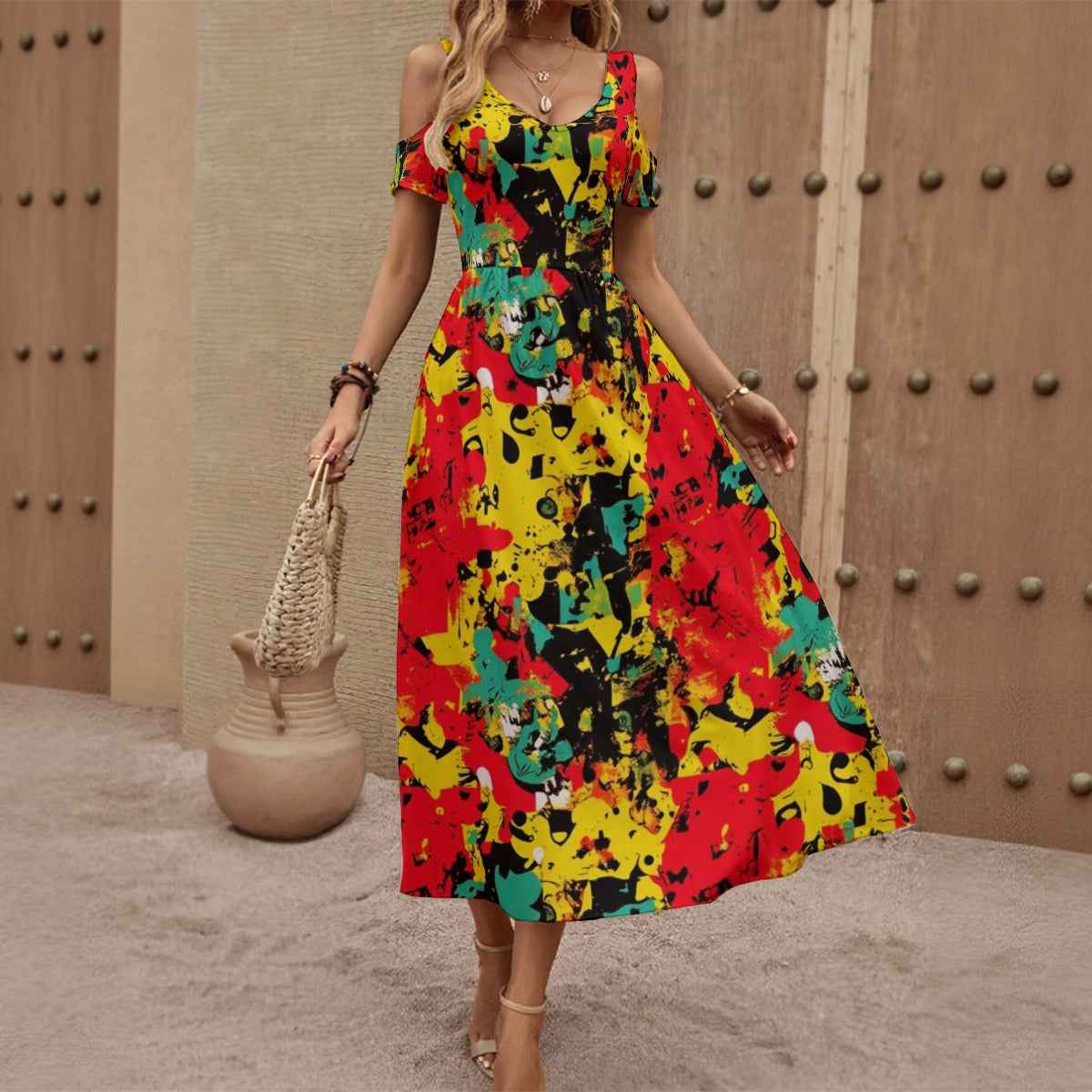 MUNSIEUR All-Over Print Women's V-neck Off-shoulder Dress