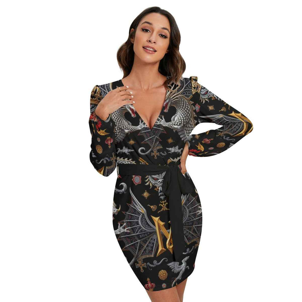 MUNSIEUR All-Over Print Women's Long Sleeve Dress With Waist Belt